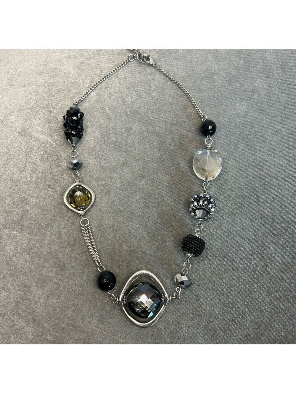 Black silver amber coloured beaded necklace